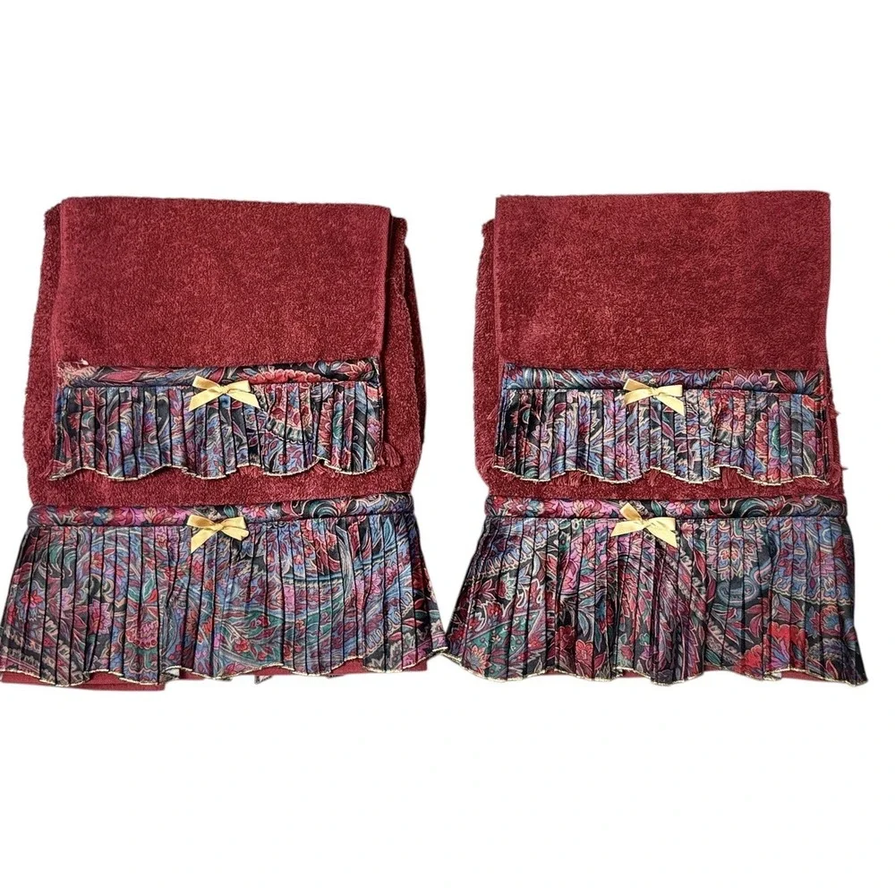 Martex Vtg Towel‎ Set Pleated Paisley Burgundy Bath Hand Floral Cottage 80s 90s